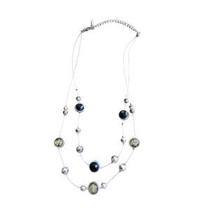 Silver Tone Layered Necklace Black Clear Acrylic Beads Minimalist Double Strand